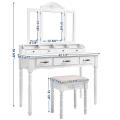 vanity table set, tri-folding necklace hooked mirror 6 organizers makeup dressing table with drawers cushioned stool